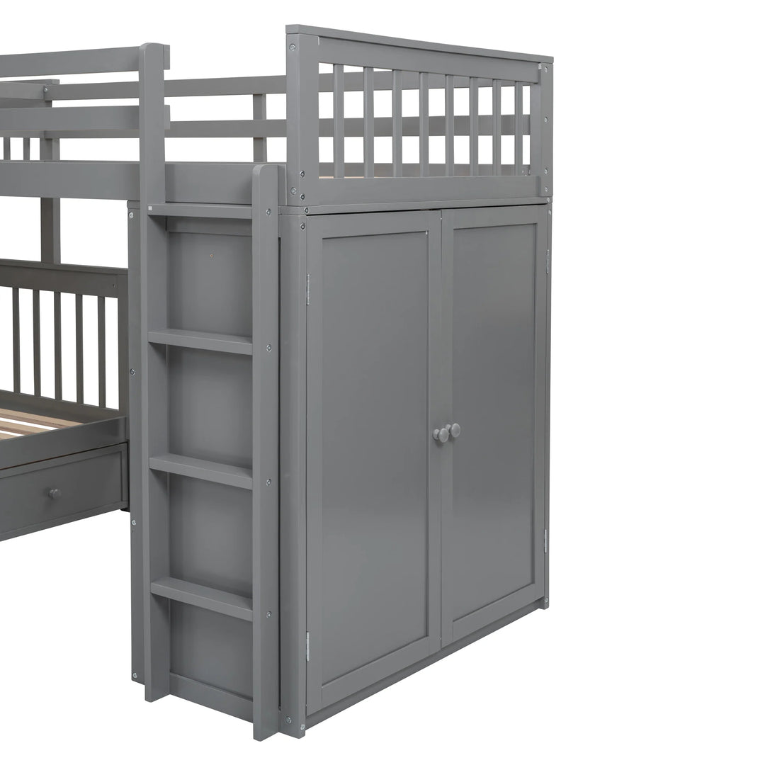 L-Shaped Bunk Bed with Three Drawers, Portable Desk and Wardrobe, Twin-Twin over Full Design