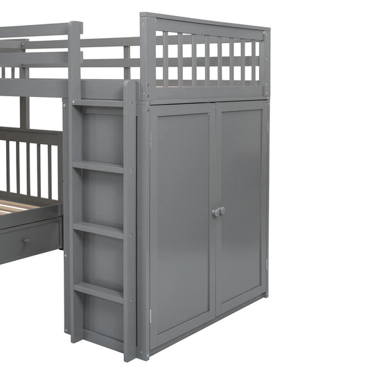 L-Shaped Bunk Bed with Three Drawers, Portable Desk and Wardrobe, Twin-Twin over Full Design