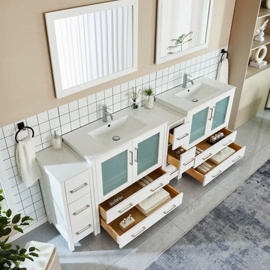 96" Double Sink Bathroom Vanity Set 10 Dove-Tailed Drawers, 3 Cabinets, 2 Shelves Soft-Closing Doors with Free Mirror