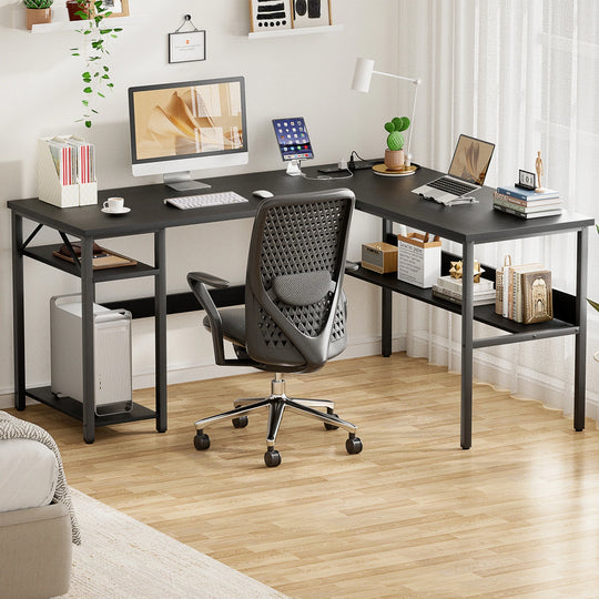 Reversible L Shaped Desk with Storage Shelves, Home Office Corner Desk with Charge Station
