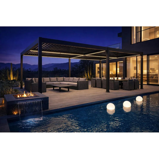 Solar Louvered Pergola with LED String Lights Aluminum Outdoor Pergola with Adjustable Roof for Patio Garden