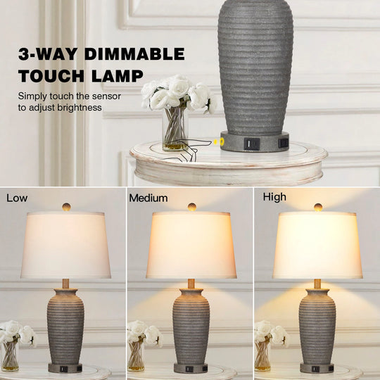 Set of 2 Bedside Resin Table Lamps with 3-Way Touch Control and Dual USB Ports