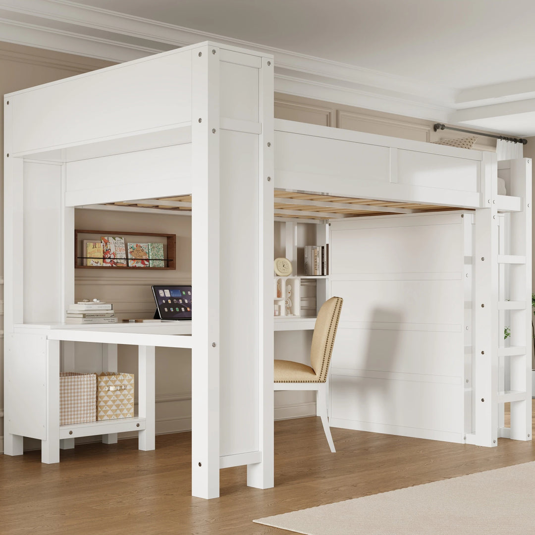 Heavy-Duty Loft Bed Queen Size Loft Frame with Wardrobe Desk USB