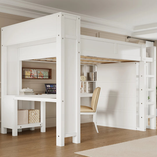 Heavy-Duty Loft Bed Queen Size Loft Frame with Wardrobe Desk USB