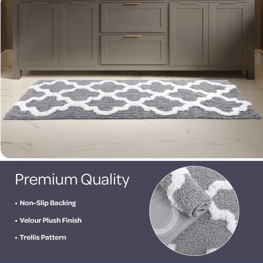 Freida 24X60-Inch Cotton Bathroom Rug with Trellis Pattern and Non-Slip Base - Machine Washable