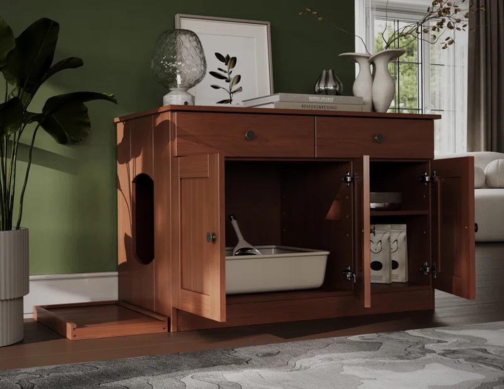 Palace Imports 100% Solid Wood Haajarah 3-Door Cat Litter Enclosure with 2-Drawers and Litter Catch