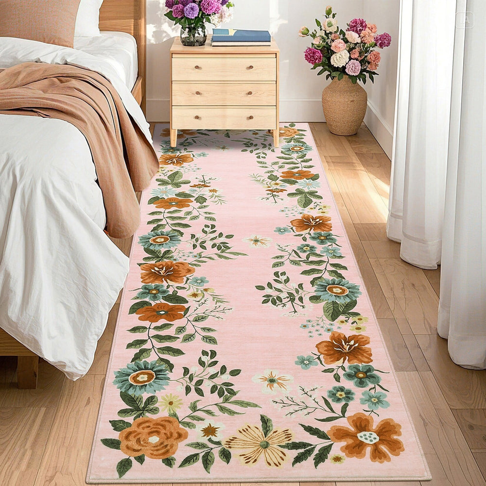 Floral Rugs Modern Indoor Soft Ultra-Thin Carpet Low Pile Flower Print Non Slip Throw Rug for Nursery Bedroom