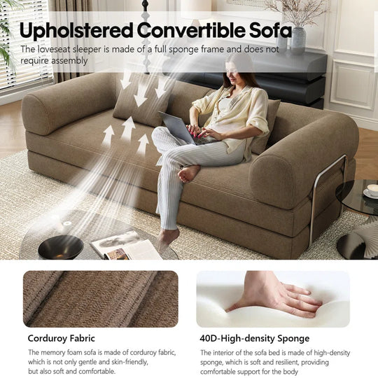 78.8" Modular Sofa Bed - 4-In-1 Convertible Design with Corduroy Fabric and High Density Sponge, Removable Cover and Fixed Frame