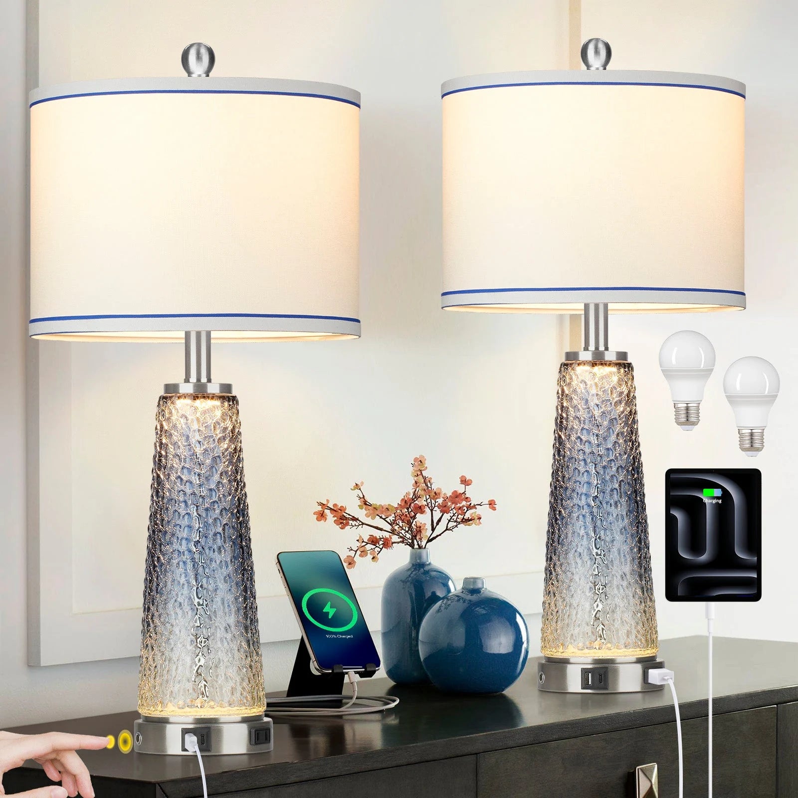 Set of 2 Blue Glass Table Lamps with 2-In-1 Nightlight, USB Ports, and Touch Control