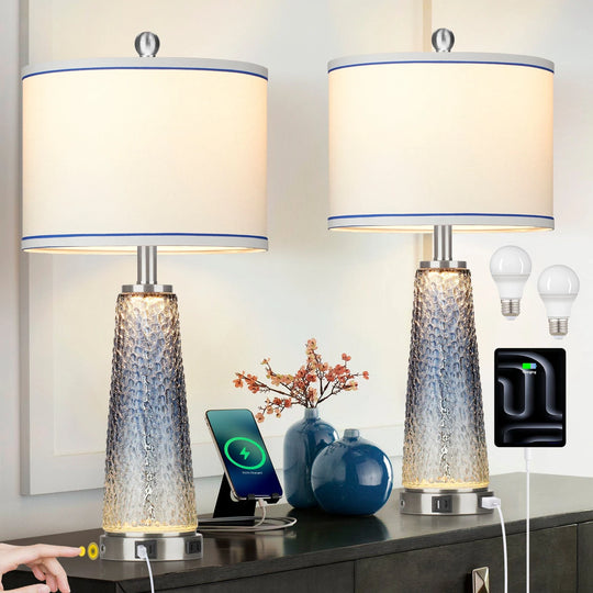 Set of 2 Blue Glass Table Lamps with 2-In-1 Nightlight, USB Ports, and Touch Control