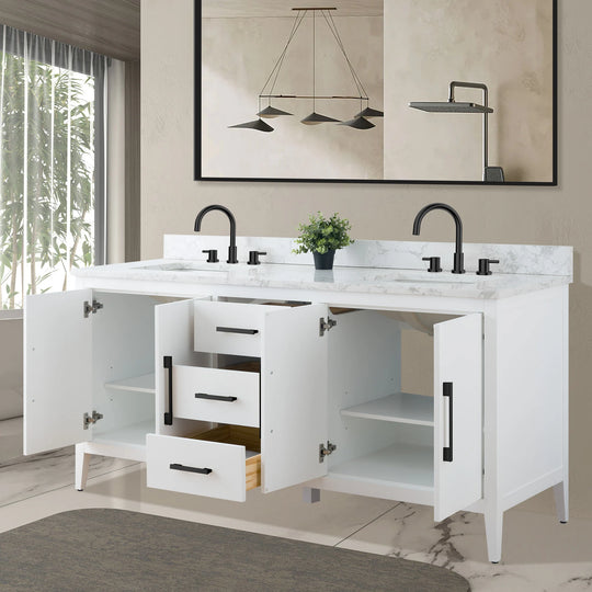 72" Double Sink Bathroom Vanity Cabinet with Engineered Marble Top