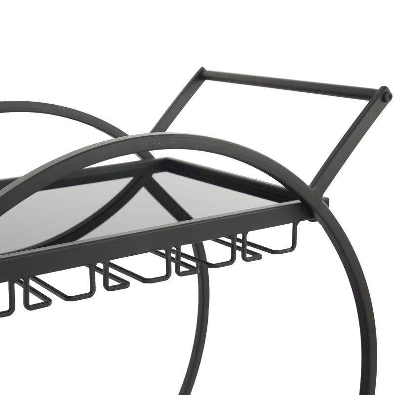 Metal Rolling 2 Mirrored Shelves Bar Cart with Wine Glass Storage and Handle
