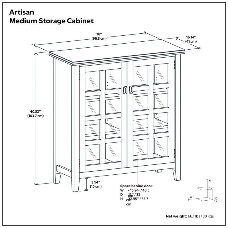 Artisan 38"W Solid Wood Transitional Medium Storage Cabinet with Glass Doors and Adjustable Shelves