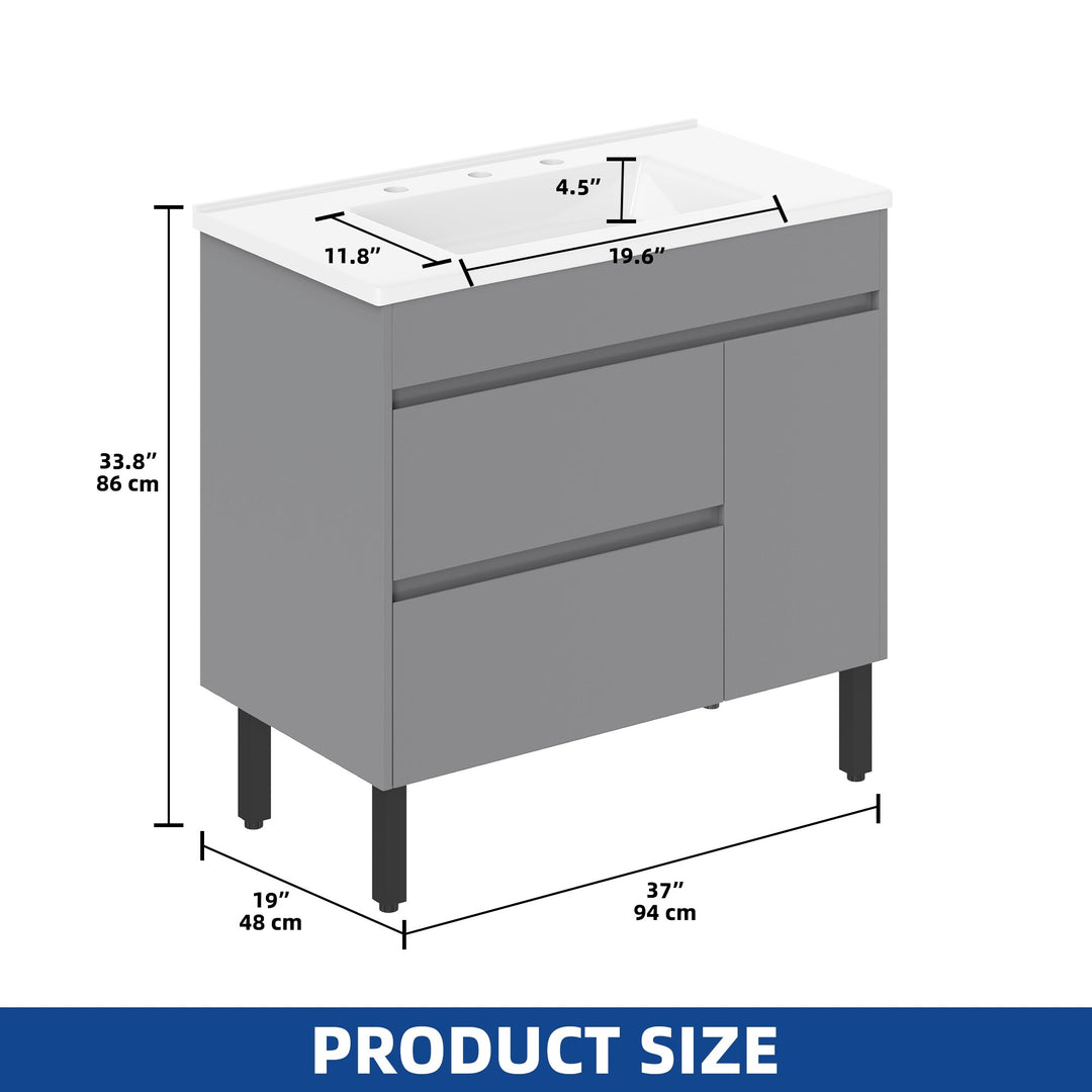 37" Freestanding Single Bathroom Vanity with 1 Soft Closing Cabinet & 2 Drawers