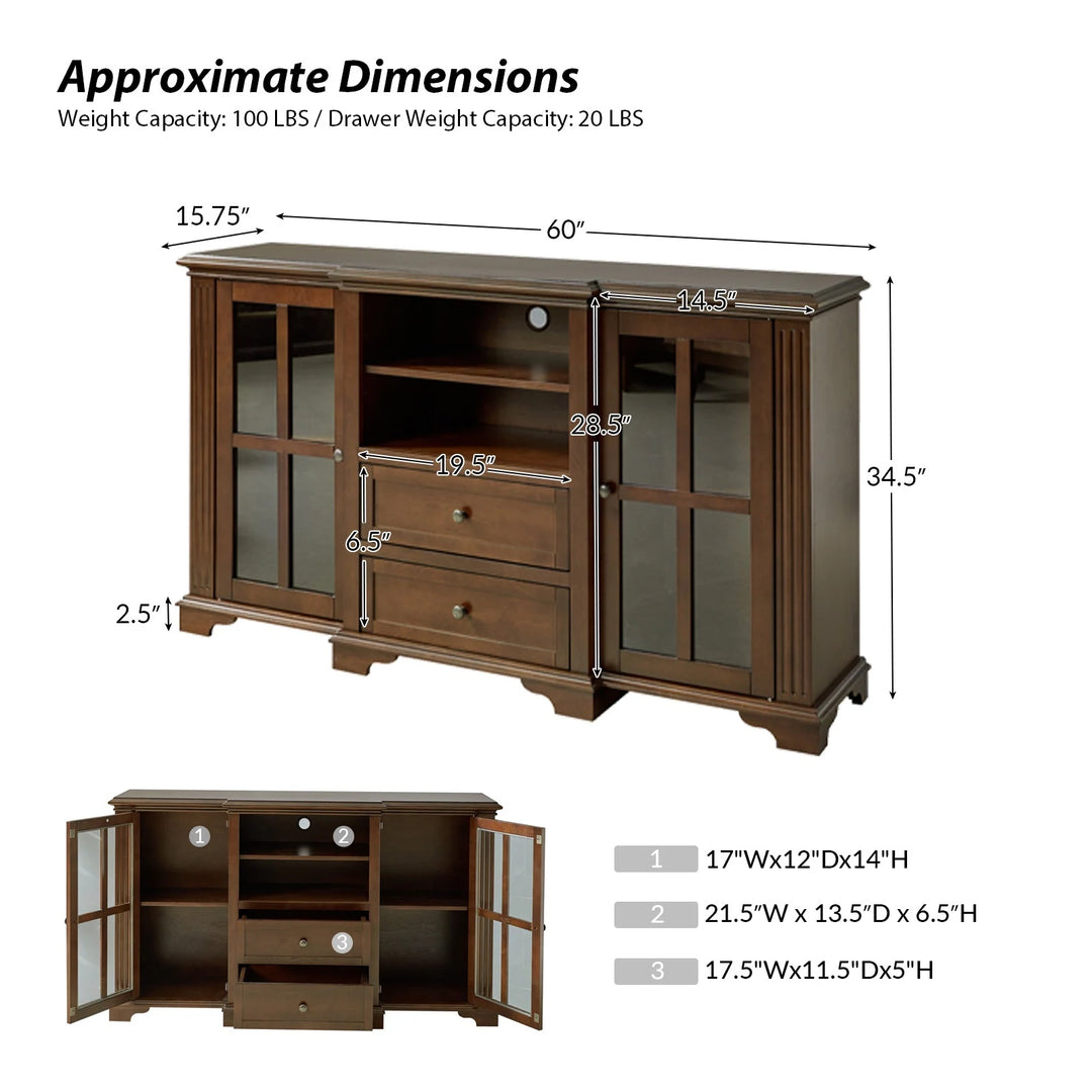 Dietrich Rustic Multifunctional Wooden TV Stand with Shelf and 2 Drawers and Sturdy Legs by