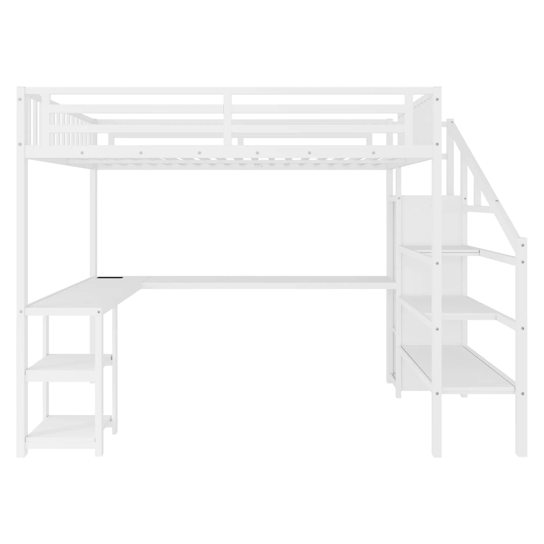 Metal Queen Loft Bed W/ Wardrobe & LED Light L Shaped Desk USB for Kids Teens Adults - White
