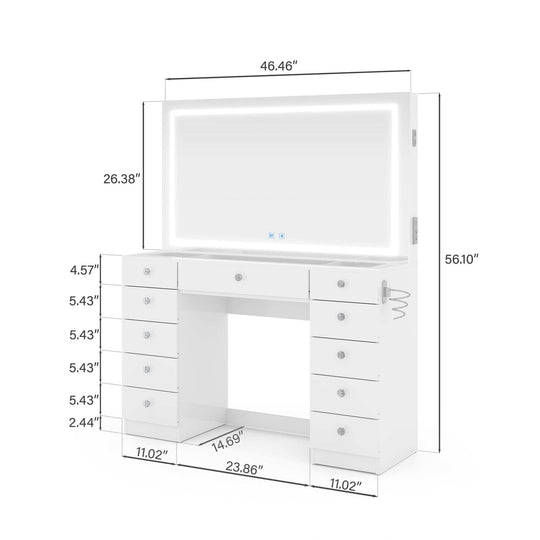 Makeup Vanity Desk W/ Free Black Storage Stool, Full-Width, Dimmable LED Mirror, Bluetooth, 11 Drawers